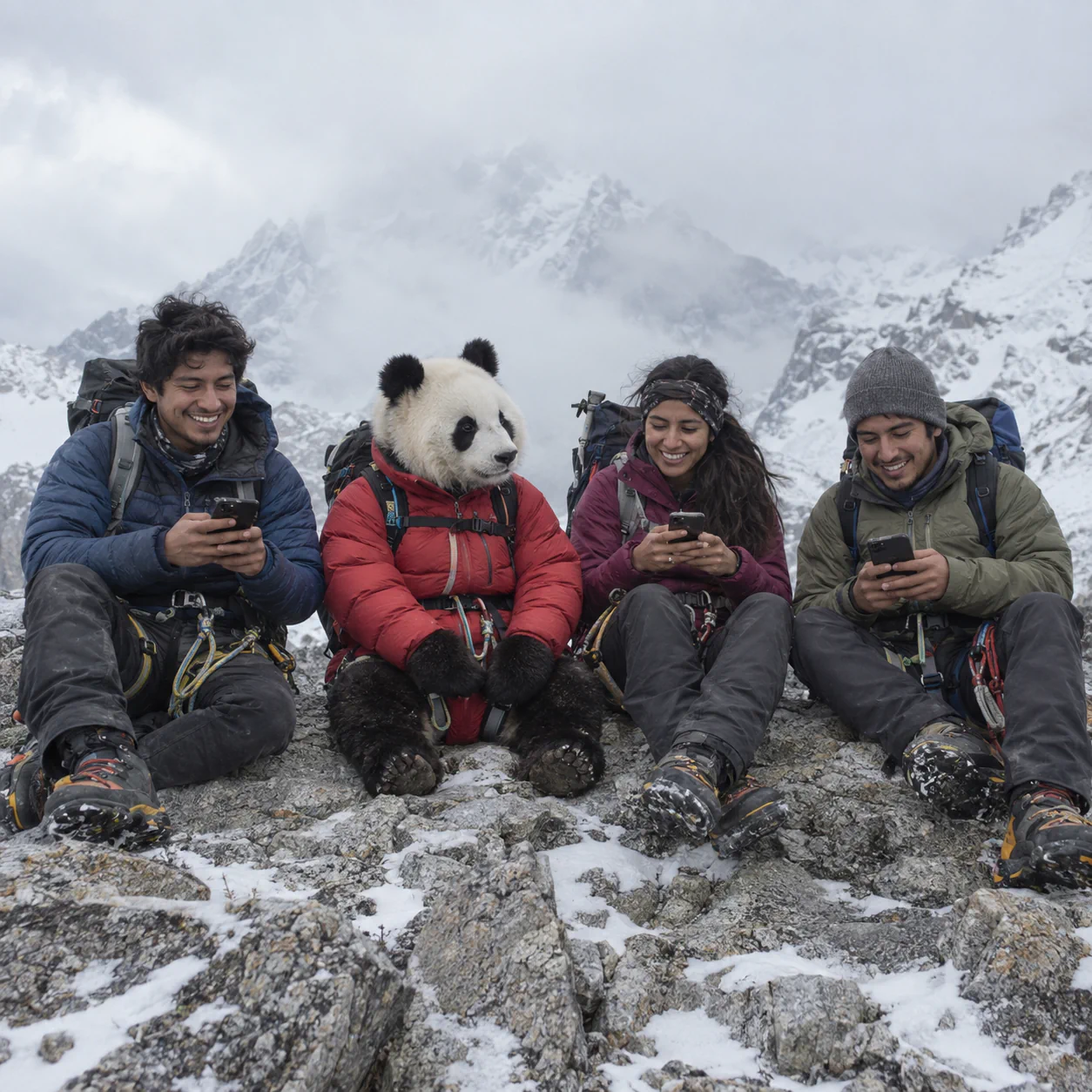 Grupo de montañistas descansando en una cumbre nevada, conectados con sus celulares, junto a un panda con chamarra de pluma y arnés de escalada
