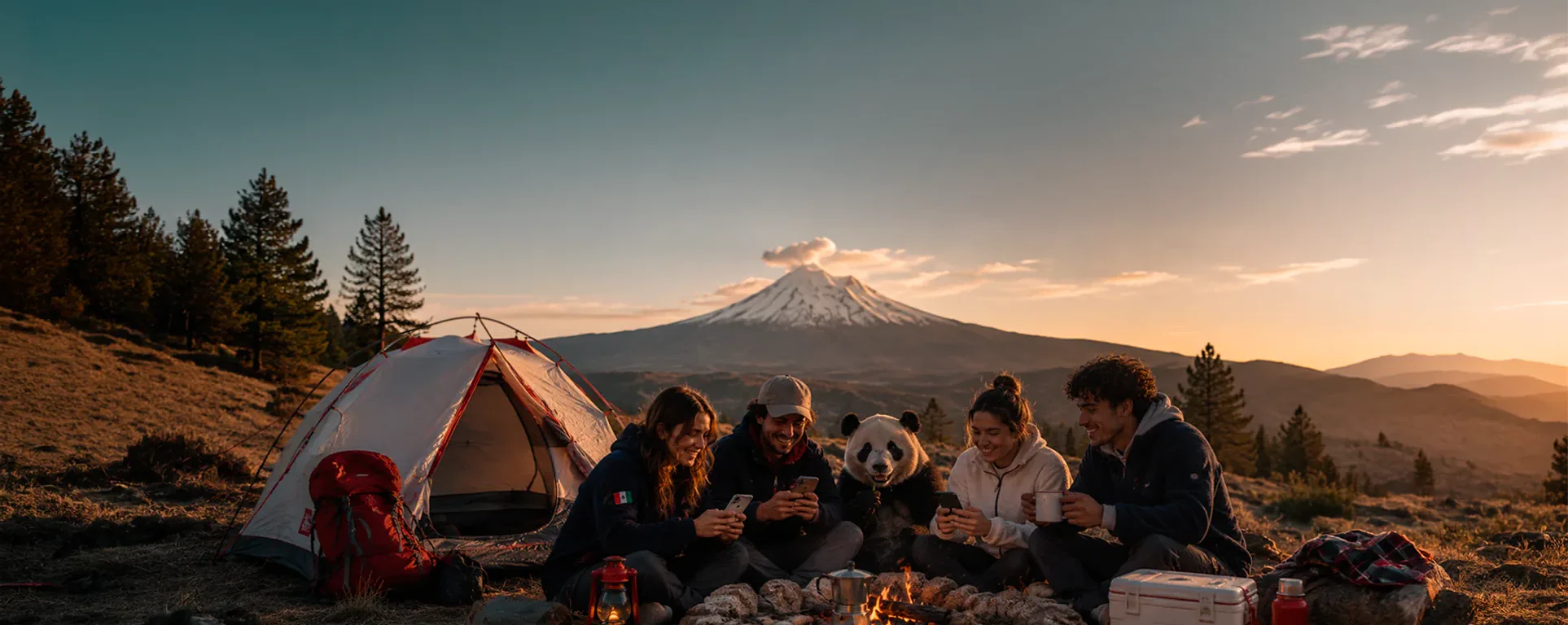 Grupo de amigos de campamento al atardecer, conectados con sus celulares frente a un volcán nevado