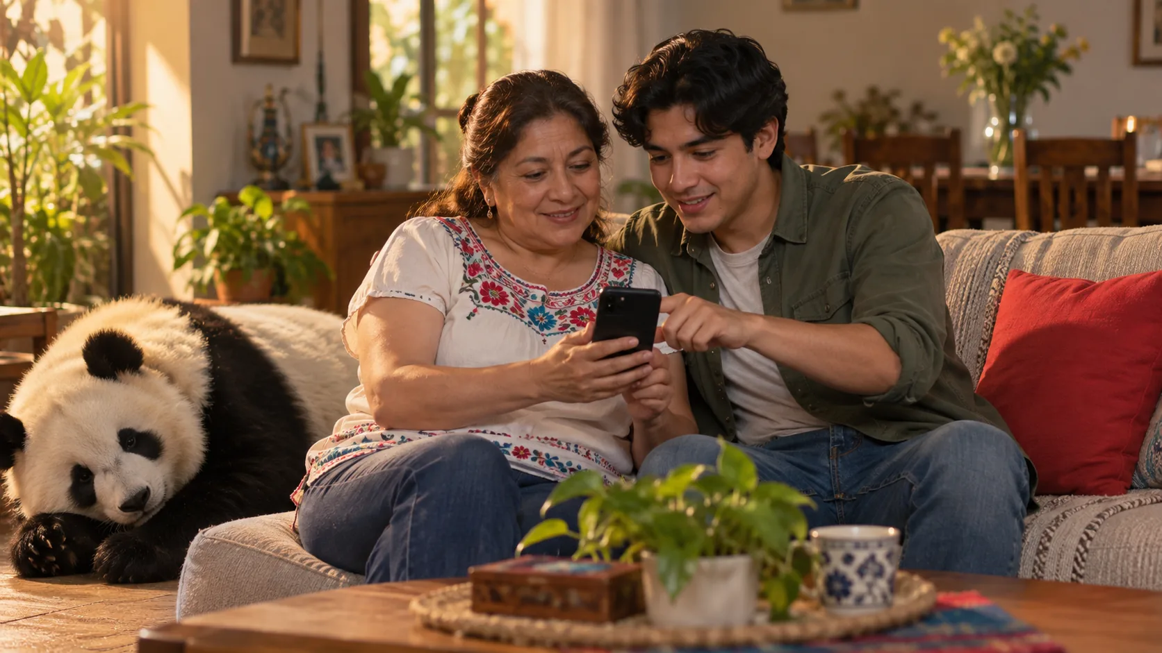Escena ilustrativa de una familia revisando un trámite desde un celular