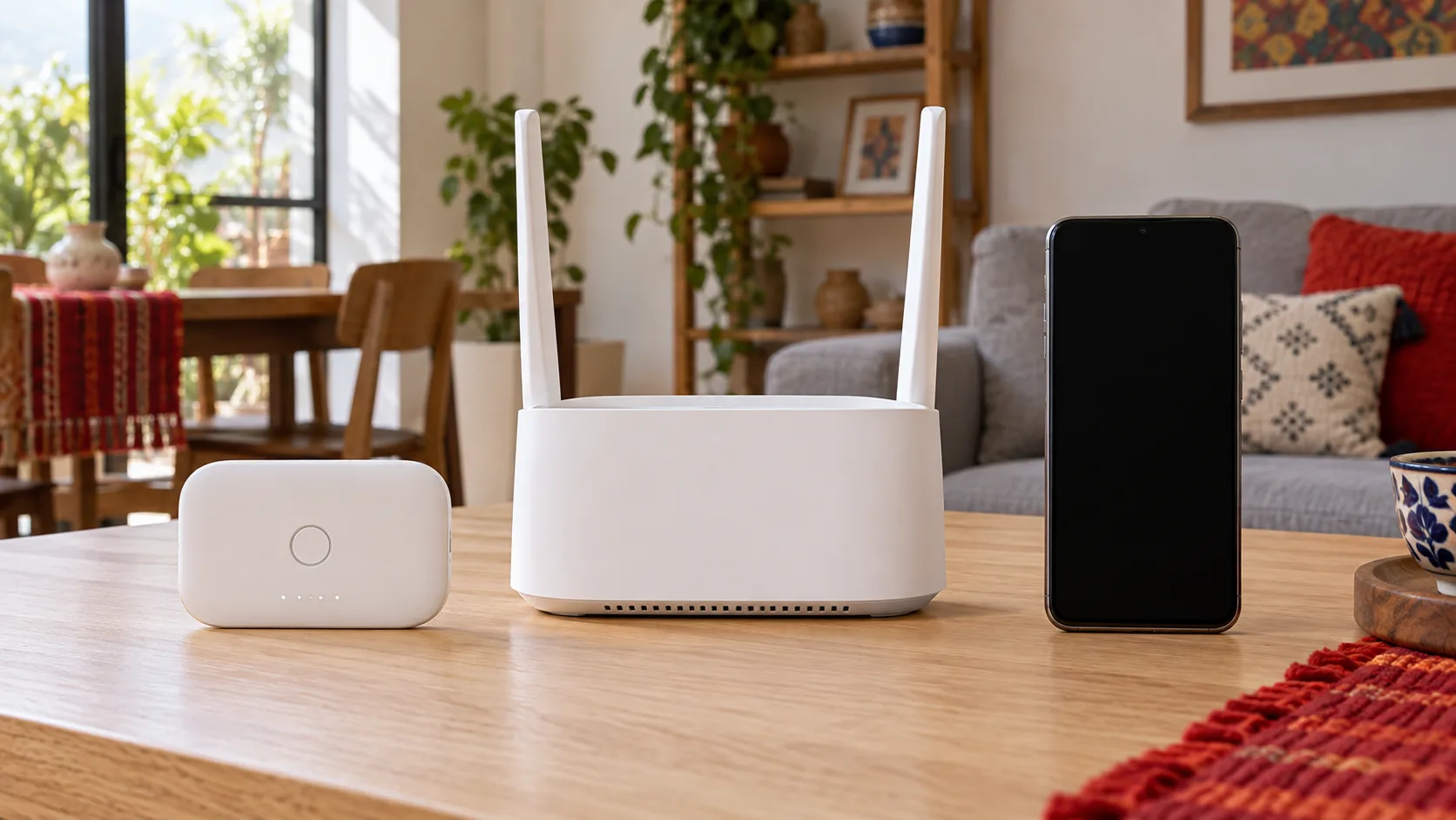 Escena ilustrativa de un MiFi, un router 4G y un celular sobre una mesa