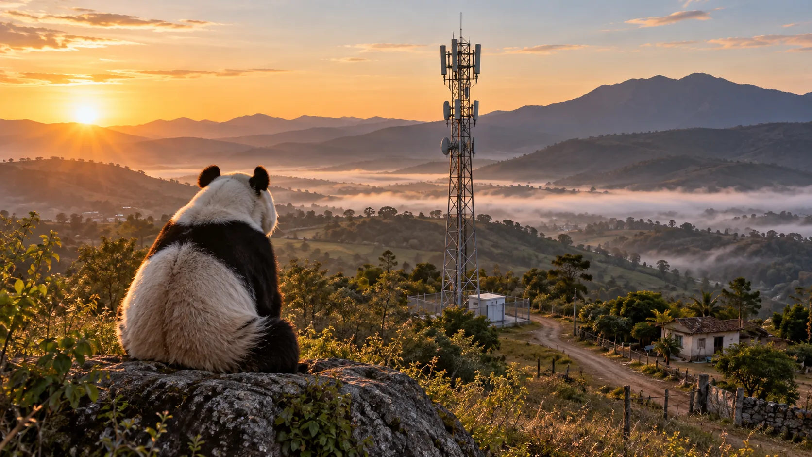 Escena ilustrativa de una antena de telecomunicaciones en una zona rural